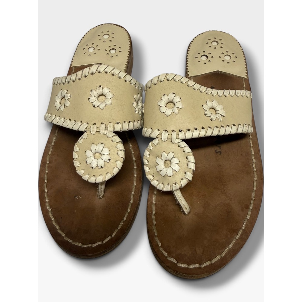Jack Rogers Navajo Cream Leather Whipstitched Daisy Thong Flat Sandals 5M